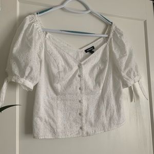 Express Eyelet Short Sleeve Top with Sweetheart Neckline